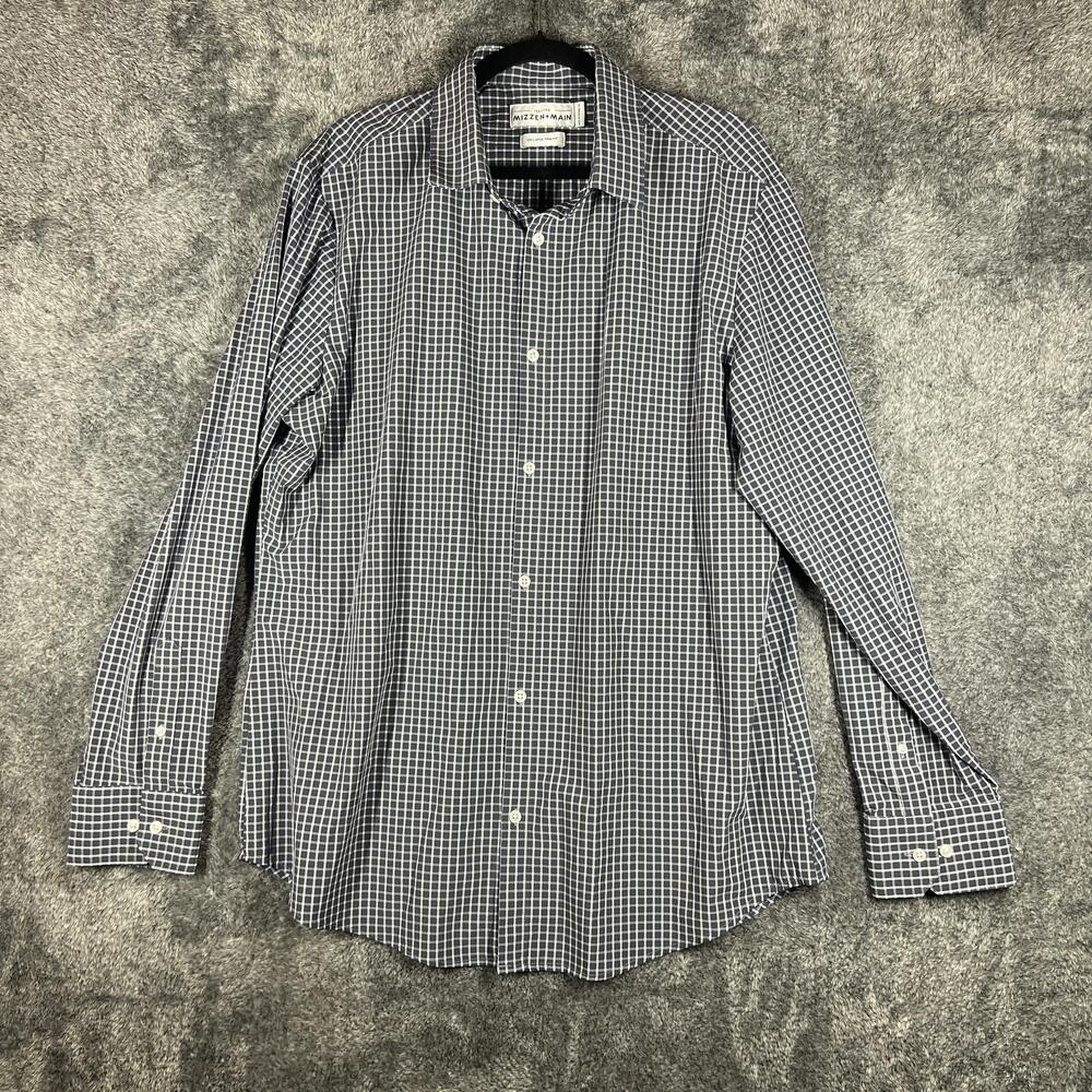 Mizzen + Main Shirt Mens 2XL Blue Check Button Up Slim Stretch Polyester Spandex